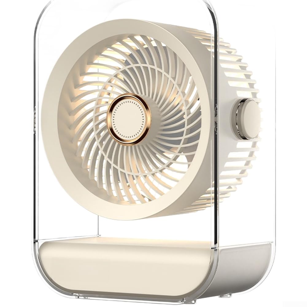 Ventilateur de table USB sans fil beige clair avec veilleuse LED et 5 vitesses pour bureau