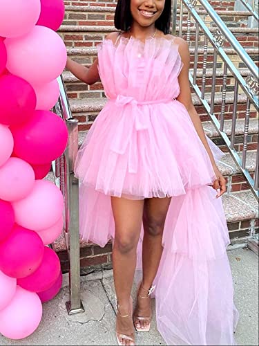Image of Women's High Low Tulle Dress Strapless Solid Color Tiered Cocktail Party Dress Prom Gown