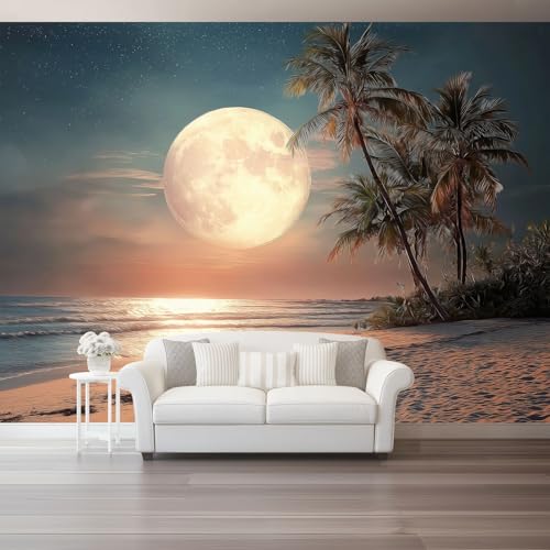 Large Decorative Wall Mural Moon Beach Pattern Printed Non Self Adhesive Wallpaper, Paste Installation Beige Photo Wallpaper for Bedroom Living Room Wall Design 138" x 101"/350 x 256 cm(WxH)