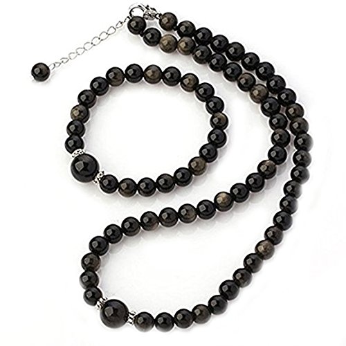 Preisvergleich Produktbild TreasureBay Schmuck-Set mit Halskette und Armband, Obsidian, rund, 812 mm