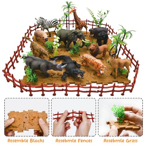 BOLZRA 65PCS Safari Animals Figures Toys, Realistic Plastic Jungle Zoo Wild Animals with Fence Building Blocks Storage Box Christmas Birthday Gift for Kids 3-8