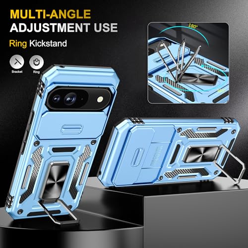 Image of Polycarbonate Slide Camera Cover with Ring Holder Mobile Phone Back Cover for Google Pixel 9 (Blue)
