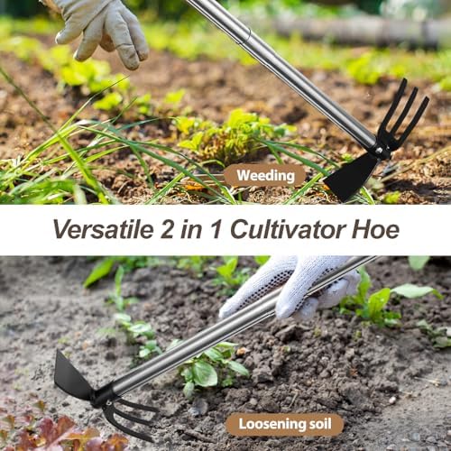 Garden Hoe and Cultivator, 45" Stainless Steel Long Handle Hoe Garden Tool for Gardening, Weeding, Standing Hand Tiller Cultivator Tool for Soil Loosening Soil Planting - 4