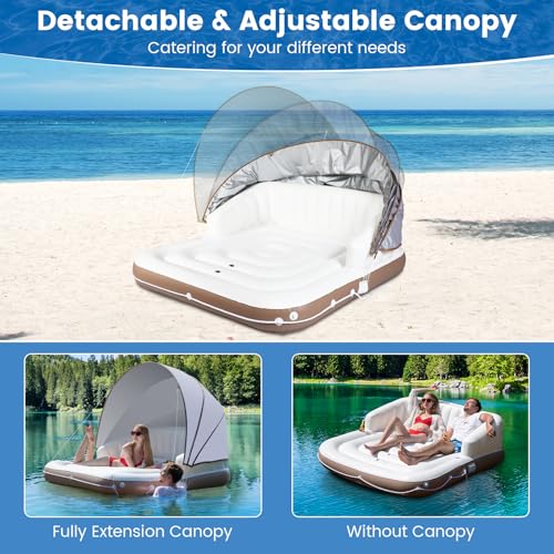 Image of S AFSTAR Pool Float with Canopy, Inflatable Floating Island 2 Person with UPF50+ Detachable Sunshade, 2 Cup Holders, Max Load 440 Lbs, 71 inch x 71 inch Heavy Duty Pool Lounger Floats Adult for Lake, Beach