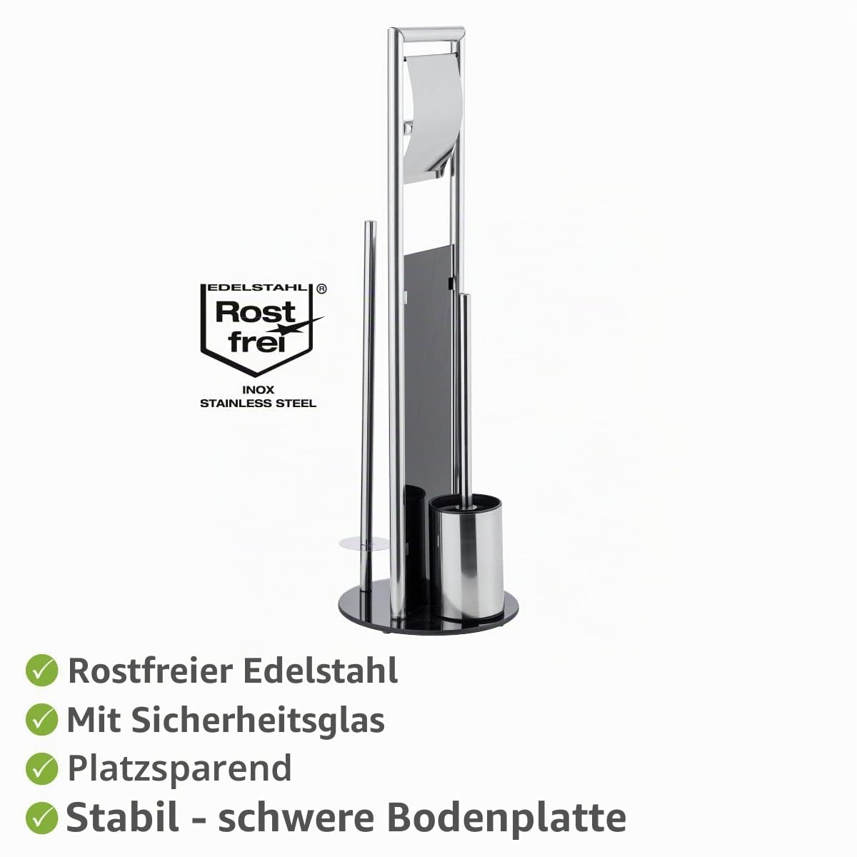 WENKO Stand WC-Garnitur Mod. Ravina Edelstahl 3in1 mit Toilettenpapierhalter und Bürstenhalter inkl Bürste Ø 20 x 70 cm Farbe Silber glänzend und Schwarz