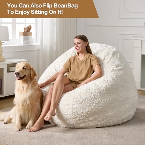 Hobestluk 5ft Bean Bag Chairs for Adults Large Beanbag Chair with Chevron Plush Fur Cover Big Bean Bag Chair for Living Room Bedroom Dorm Office - White (50” x 50” x 24”) - Image 4