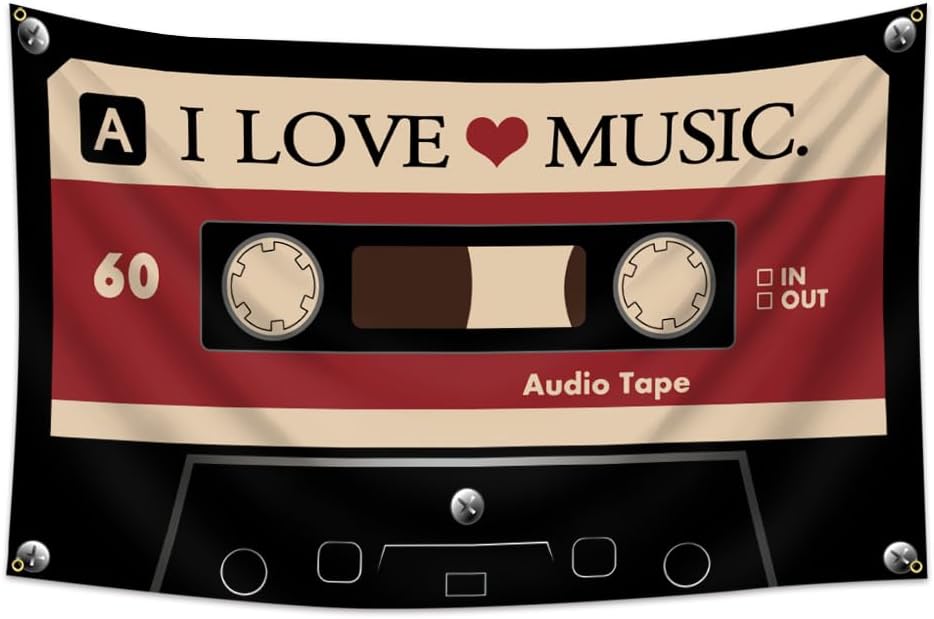I LOVE MUSIC Flag 3x5 Ft - Y2K Grunge Decor Downtown Girl Aesthetic, Vintage Cassette Tape Tapestry for Bedroom, Retro 90s Indie Alt Scene Wall Banner with 4 Grommets for Teen Girls Dorm