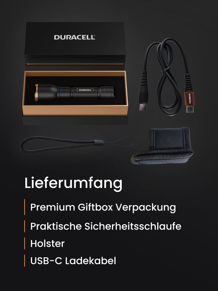 Duracell Linterna LED DF1500R Pro – 1500 lúmenes, enfocable, alcance de 145 m, recargable por USB-C, batería de ion de litio 21700, varios modos de luz, a prueba de salpicaduras, incluye caja de