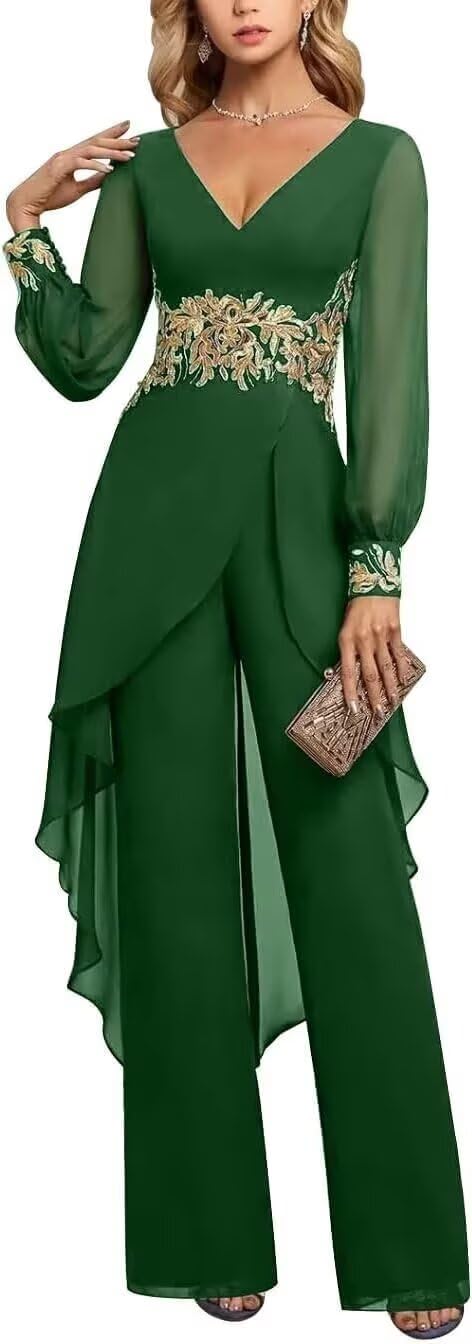 2 Pieces Mother of The Bride Pant Suits for Wedding Chiffon Long Sleeve V Neck Pant Suits for