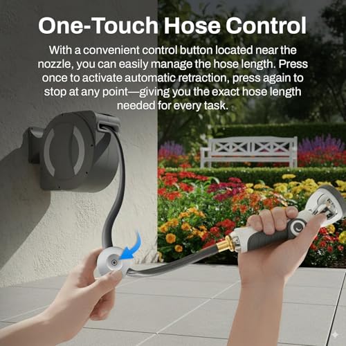 Image of Betta EaseReel Battery-Powered Wall-Mounted Retractable Hose Reel, with Quick-Access Dual Hose Length Control, 8 Spray Patterns Nozzle, Automatic Roll-Up & Tangle-Free Hose Guide (1 /2'', 100FT /30m)