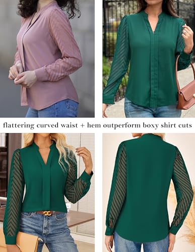 GRACE KARIN Women Business Casual Tops Sheer Lace Long Sleeve Blouses Work Office Pleated V Neck Shirt Fall Formal Outfits3