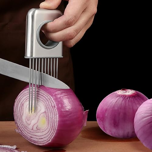 Miniatura 3 de Nuevo soporte para rebanar cebolla, soporte de cebolla de acero inoxidable para cortar verduras cortador de papa y tomate, herramienta asistente de