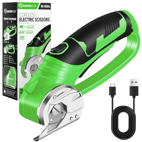 Image of SakerPlus Cordless Electric Scissors,4V Rechargeable Cardboard Box Cutter Heavy Duty Fabric Scissor with Safety Lock & LED Light,Power Rotary Cutter for Leather Carpet Plastic Cutting,Sewing,Crafting