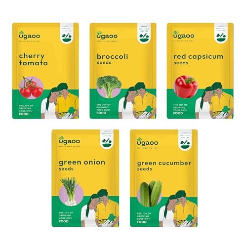 Image of UGAOO Vegetable Seeds Combo for Home Garden - Cherry Tomato, Broccoli, red capsicum, green Onion, green cucumber - Pack of 5
