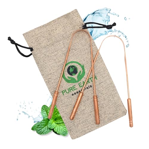PURE EARTH essentials Lot de 2 gratte-langue en cuivre pur pour adultes et enfants – Nettoyeur de langue ayurvédique avec étui – Nettoyeur de langue en cuivre réutilisable pour une haleine fraîche et