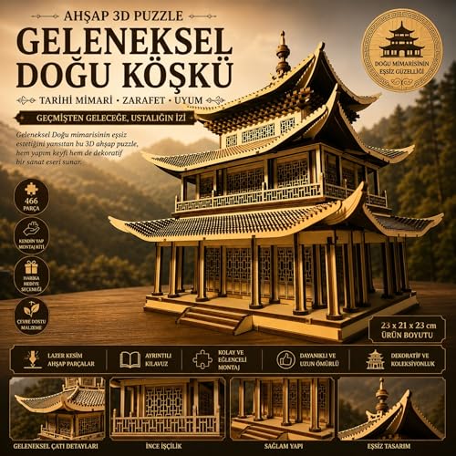 AlgWoodDesign Geleneksel Doğu Köşkü Ahşap Maket Seti 466 Parça, Dıy 3D Puzzle Pagoda Tarihi Mimari Koleksiyoner Modeli