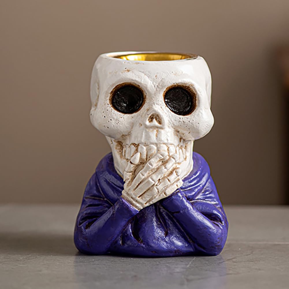 Resin Skull Incense Burner Holder, Creative Skeleton Statue Aromatherapy Ornament for Goth Halloween Decoration (A)