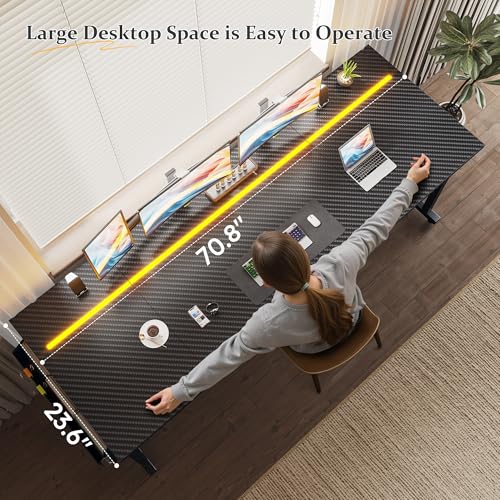 Image of DurayLoly 71 inch Gaming Desk with LED Lights, Large Office Desk for 3 Monitors or 2 laptops,Long Desk with Storage Bag&Headphone Hook for Study Writing Work Wood Desk,Sturdy Metal Frame,Black