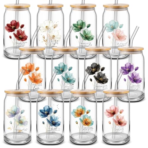 Funnymoom 24 Pcs Christian Gifts Bulk, 16 oz Bible Verse Glass Cup, Floral
