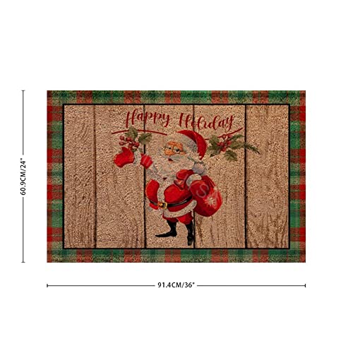 Happy Christmas Santa Tartan Plaid Holiday Festive Barn Wood Natural Coir Doormat Non Slip Outdoor Farmhouse Entrance Way Mat Heavy Duty Welcome Front Door Mats 24X36In Made In Usa #TOP1