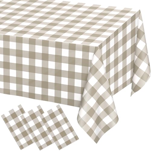 Image of WNINK 3 Pack Brown Checkered Rectangular Plastic Tablecloths, Brown and White Gingham Waterproof Disposable Table Covers 54 inch x 108 inch for Birthday, Baby Shower, Wedding, Outdoor Picnic Parties