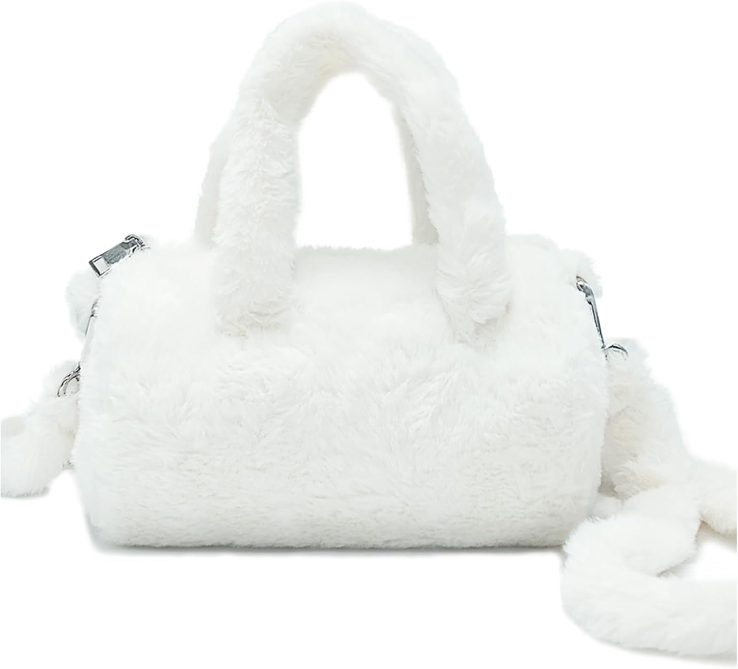 Fluffy Handbag, Cosmetic Top-Handle bags for Women, Stylish Cosmetic Crossbody Shoulder Bag, Faux Fur Furry Make up Purse with Long Shoulder Strap, Cute Plush Gift for Travel Office Casual, White