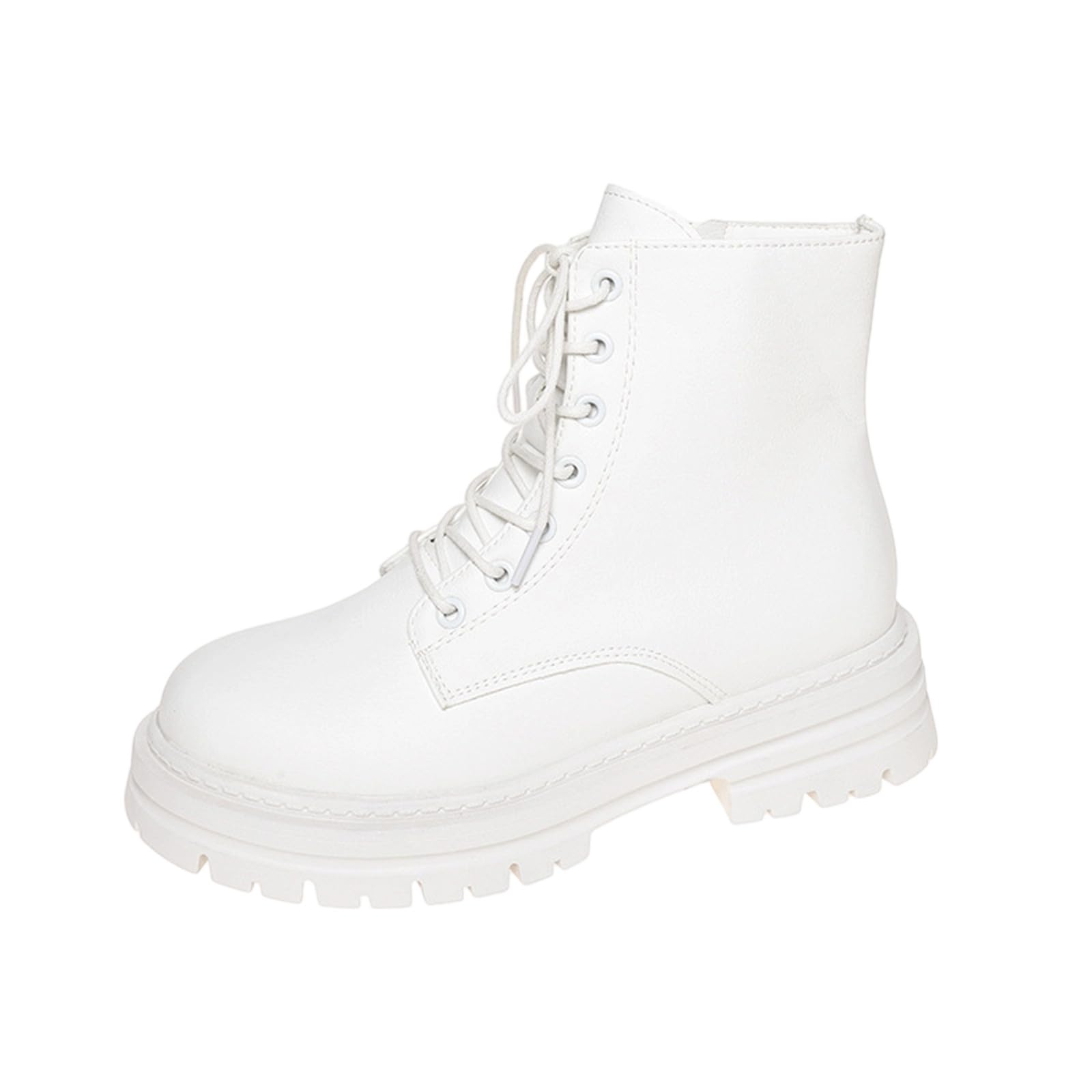 Leather Lace Up Boots for Women Lug Sole Platform Combat Ankle Boot Fashion Round Toe Short Booties with