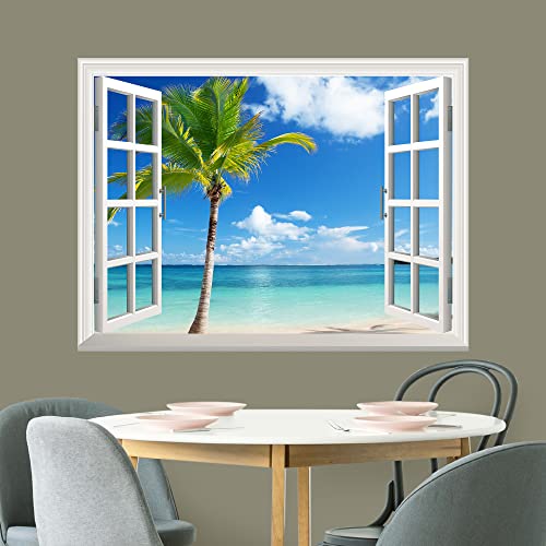 Wall26 Removable Wall Sticker/Wall Mural - Beautiful Tropical View Of Palm Tree On The Beach | Creative Window View Wall Decor - 36 Inchx48 Inch #TOP2