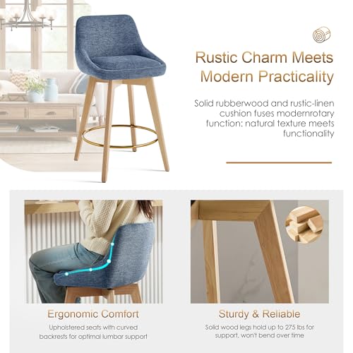 Image of Zesthouse Swivel Bar Stools Counter Height Set of 2, 26 inch Wooden Barstools with Back & Solid Wood Legs, Upholstered Linen Fabric Bar Stools for Kitchen Island, Modern Coastal Blue Counter Height Chairs
