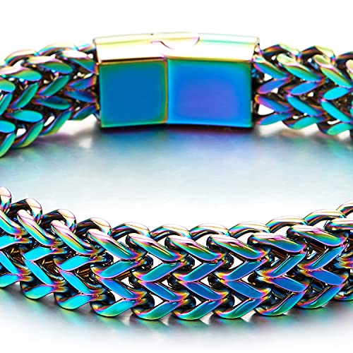 Minimalist Mens Steel Oxidized Rainbow Double Franco Link Curb Chain Bracelet Magnetic Clasp, Punk2