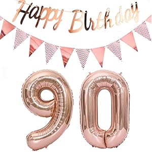Luftballons 90.geburtstag deko frauen rosegold+Happy Birthday Girlande +Wimpelkette 40″Zahlen Ballon 90 Luftballons 90 Jahre Geburtstag Dekoration frau Geburtstagdeko 90 Geburtstag deko rosegold(90)
