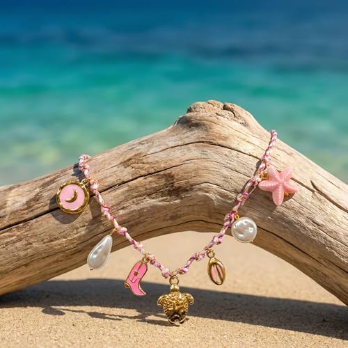 RINHOO Coastal Charm Necklace Sea Turtle Starfish Fish Pendant Handmade Boho Choker Ocean Beach Vacation Country Concert Jewelry for Women (Pink) — view 2