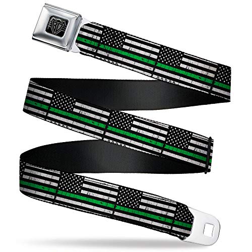 Buckle-Down Belt, Seatbelt Buckle Belt, Thin Green Line Flag Weathered Black Gray Green, 32 to 52 Inches
