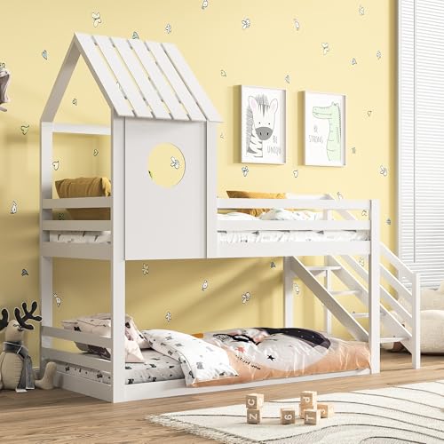 Etagenbett 90x200 cm, Hochbett mit Treppe, Doppelstockbetten mit rausfallschutz, Kinderbett Holzbett mit Fenster und Dach, Hausbett mit Lattenrost,Wackelsicher und Kippgeschützt, Weiß – Bild 5