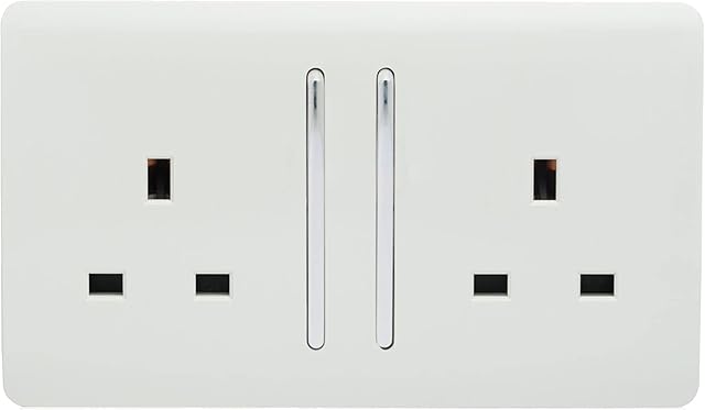 Trendi Switch 2 Gang Artistic Modern Glossy 13 Amp Electrical Long Switched Plug Socket Gloss White ART-SKT213LWH