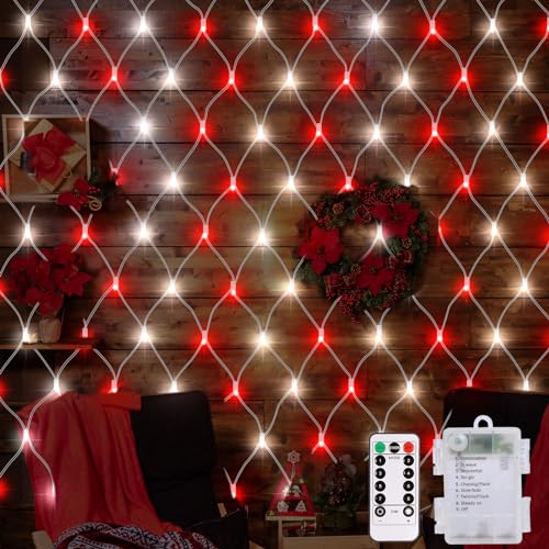 CCILAND Red de luces de Navidad rojas y blancas, funciona con pilas, 1,5 m x 1,5 m, 100 luces LED de malla de hadas, 8 modos con control remoto, luces de red LED al aire libre para decoración de