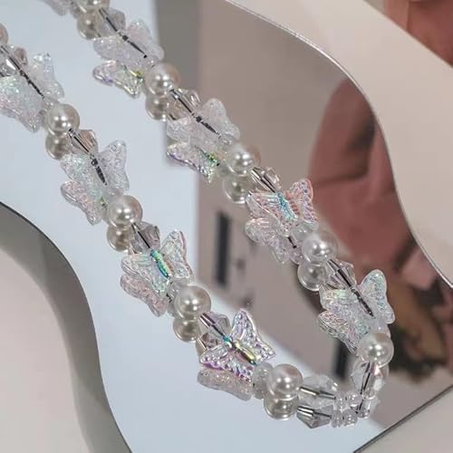 Beaded Phone Charm, Smiley Face Beaded Phone Lanyard Wrist Strap Fruit Letter Pearl Rainbow Handmade Clay Beads Anti Lost Phone Chain Keychain For Women Girls (White-Butterfly) #TOP5