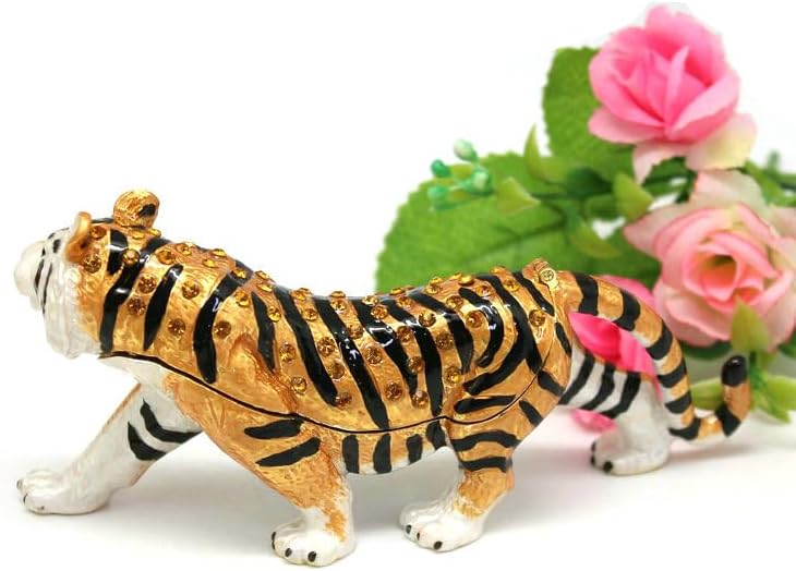 Tiger Figurine Collectible Hinged Jeweled Animal Trinket Jewelry Box,Tiger Decor Ornament Lover Gift (White) image 2