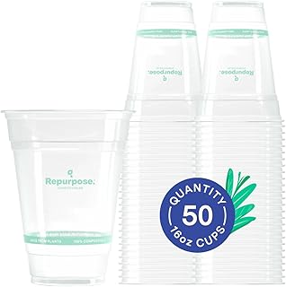 Repurpose 100% Compostable Plant-Based Clear Cold Cups, 16oz, 50 Count, ...