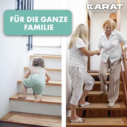 KARAT Stufenmatten transparent für Treppen -15 Stück - 60 x 10 cm, Antirutschstreifen selbstklebend inkl. Montageroller - Treppenstufen Matten für Holztreppen, Anti Rutsch Streifen Treppe (Henri)