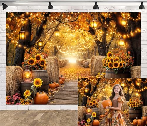 Fall Photo Backdrop Autumn Forest Scenery Maple Leaves Pumpkins Sunflowers Photography Background Fall Farm Harvest Thanksgiving Day Friendsgiving Party Decorations Photo Booth 7X5FT