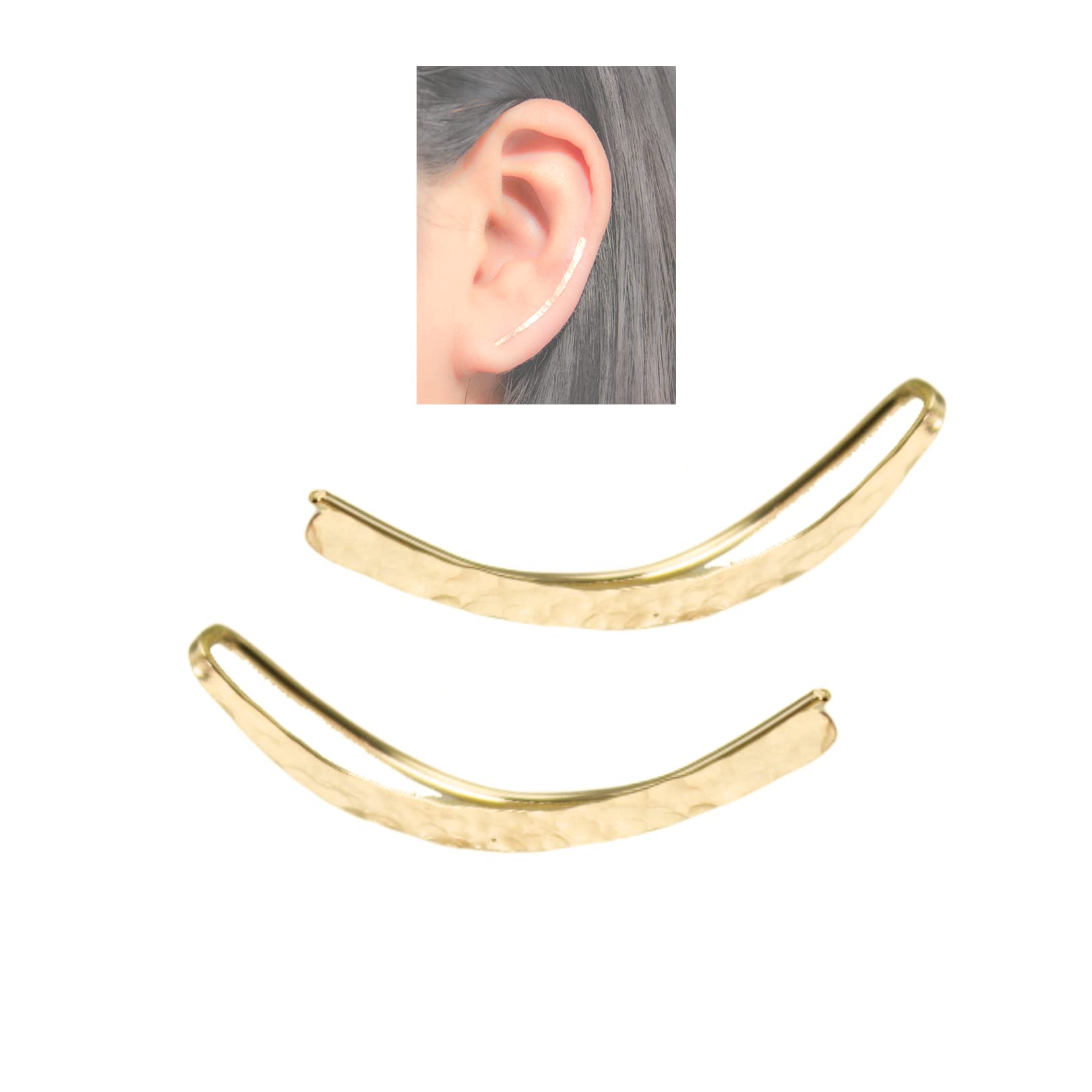 14K Gold Filled Hammered Ear Climber Earrings – Stylish Long Curved Clip-On Crawlers (Pair)