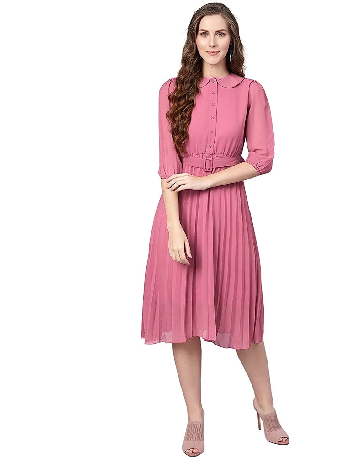 Brei's Women's Georgette, Embellished Pleated Knee Long Dress (b.Doll)