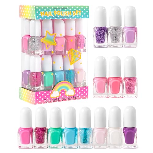 SIMPLE PLEASURES Unicorn Glitter Kids Nail Polish Set for Girls 14 Water-Based Non -Toxic Nail Art Kit - Gift Set for Girls Ages 7-12