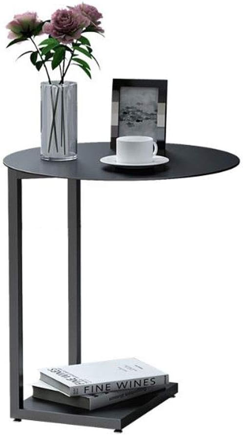 Sofa side table, Wrought Iron 2 Tier Round Side Table Couch Table, Leisure Living Room Bedroom Balcony Office Reading Table, 40 * 60cm (Color : Black)