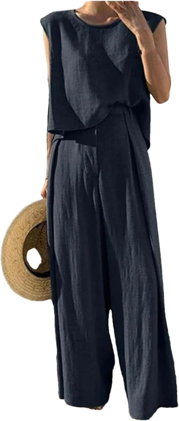 Alloaone Lounge Sets For Women Two Piece Outfits Knit Cotton Round Neck Sleeveless Top And Suit Pants