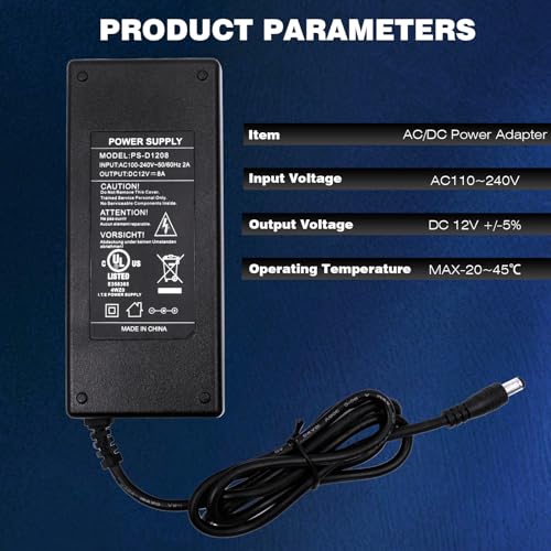 UL Listed 12V 8A Power Supply Adapter,96W AC 100-240V to DC 12V 8A Transformer w/4ft DC Cord and 5.5 X 2.5mm Barrel Plug,Adapter Converter for LED Strip Lights, CCTV Camera, 3D Scanner3
