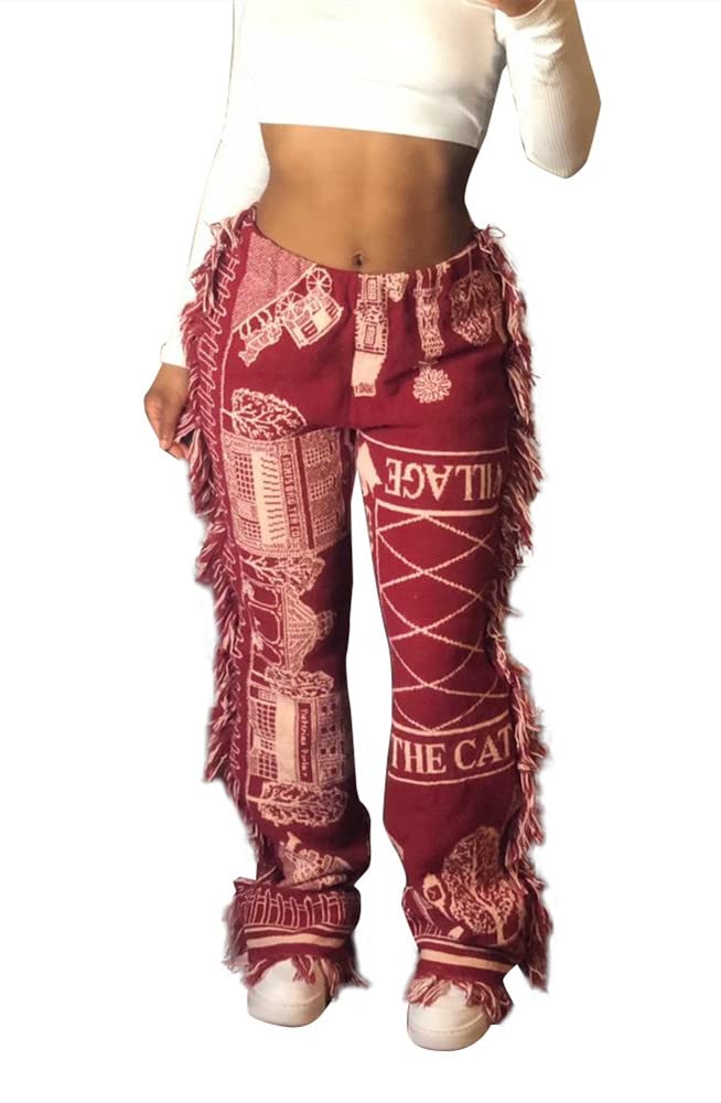 Yeshire Women's Hippie Tassel Pattern Printing Elastic Pants Folk Style Pants Party Music Festival Wear