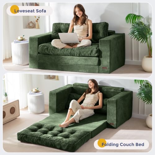Image of MAXYOYO Convertible Sofa Bed, Pull Out Loveseat Sofa Couch, 2 in 1 Folding Couch Bed, Fold Out Floor Couch with Pillows for Living Room Bedroom Lounge, Dark Green