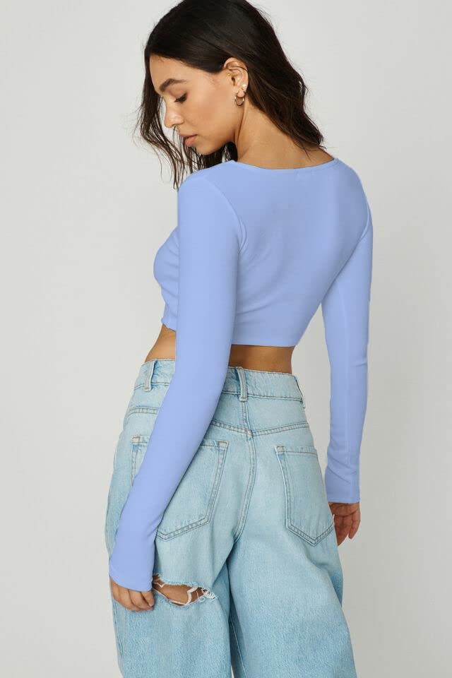Image of SIGHTBOMB Ribbed Fullsleeve Corset Tops for Women (Small-Medium, Powder Blue)